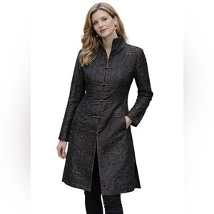 Sheng Tangchun Black Brocade Embroidered Mandarin Collar Long Jacket Coat M